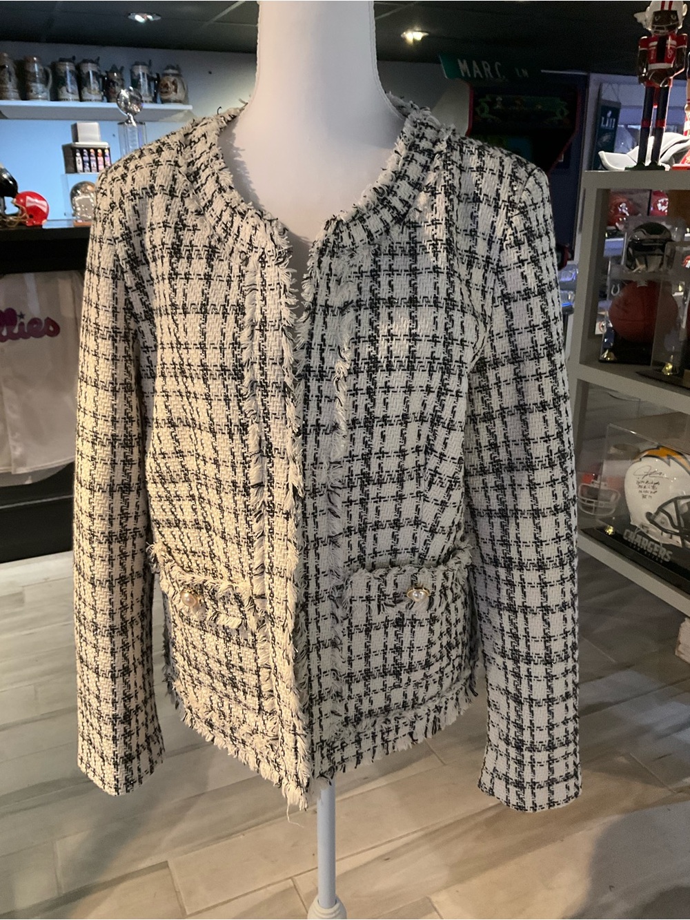 Nanette Lepore Black and Ivory Tweed Fringe Jacket